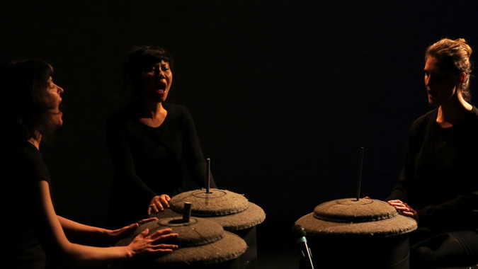 Circling the Center- Performance Still: Lament sung by Julie DeLano( composer),Susan Hwang,Leslie Graves,  Dixon Place Theater, NYC, May 1st, 2013