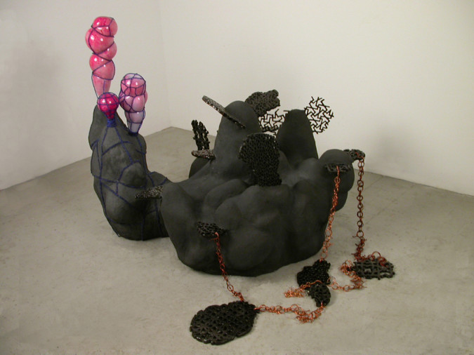Burden, 2008, concrete, ceramic, glass, wire & beads, 44 x 60 x 54 inches