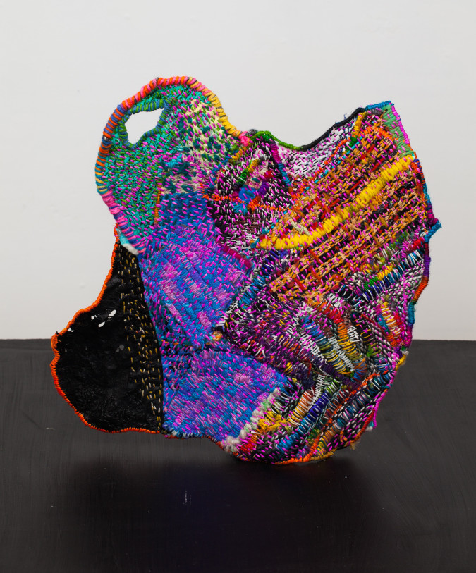 Neveruses (Unprincipled), 2014, plastic, wool, silk, paint, paper, 15.5 x 15 inches
