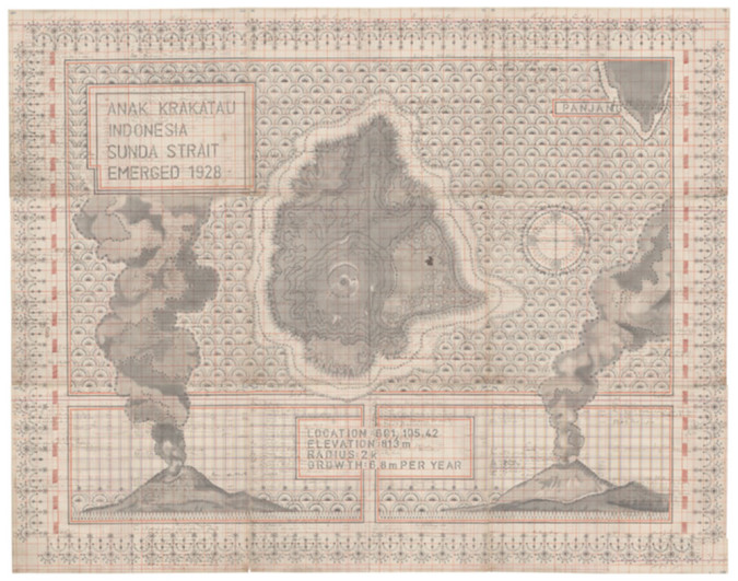 Louise Despont, Anak Krakatau (Child of Krakatau), Graphite and Colored Pencil on antique ledger book, 53.5” x 68.5”