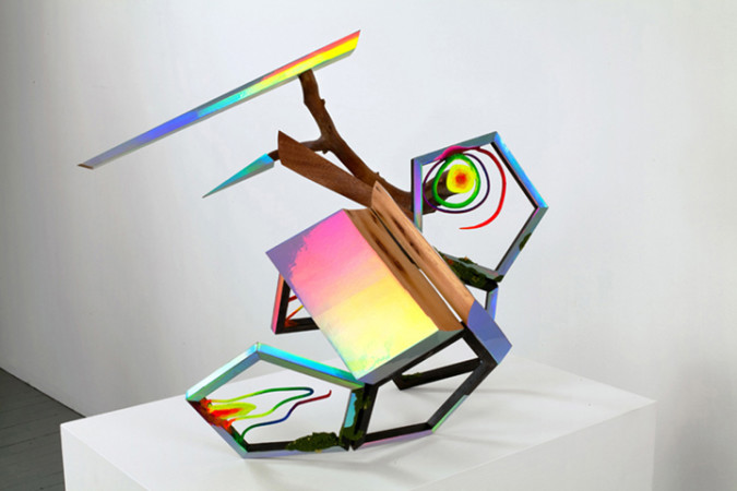David Shaw, Crack, 2009, wood, steel, holographic laminate, flocking, paint, 19.25 x 24 x 23.5 inches