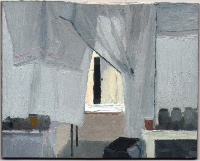 Charlotte's Studio with Sheets, 2013, oil on panel, 4 x 4 15/16 in.