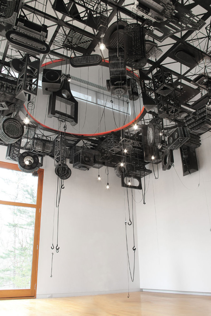 Floor/Ceiling, 2013 Site Specific Installation at the Aldrich Contemporary Art Museum, CT Hand-cut paper, ink, acrylic; structure of wood, MDF, cable; electrical cords, bulbs, hardware, 24' x 22' x 22' images courtesy of the artist and Spencer Brownstone Gallery, NYC