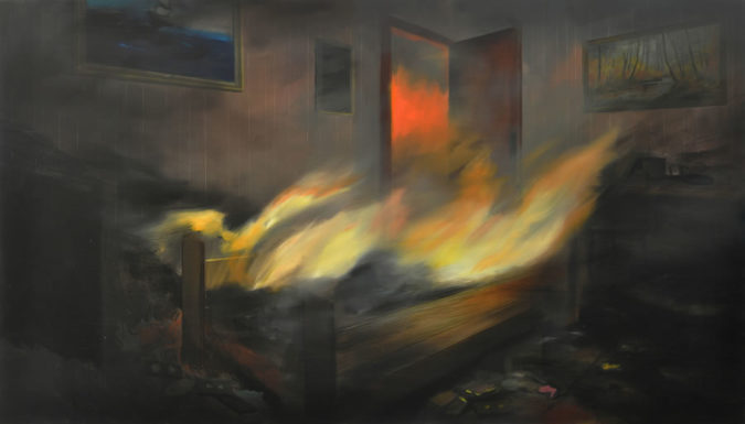 Brandi Twilley Bed on Fire, 2016, Oil on Canvas, 32” x 56”