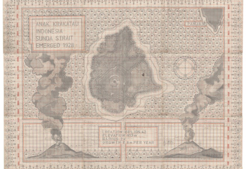 Louise Despont, Anak Krakatau (Child of Krakatau), Graphite and Colored Pencil on antique ledger book, 53.5” x 68.5”