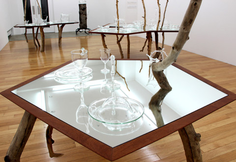 David Shaw, Single (detail), 2013, wood, mirror, hand blown glass, 89” x 49” x 51”